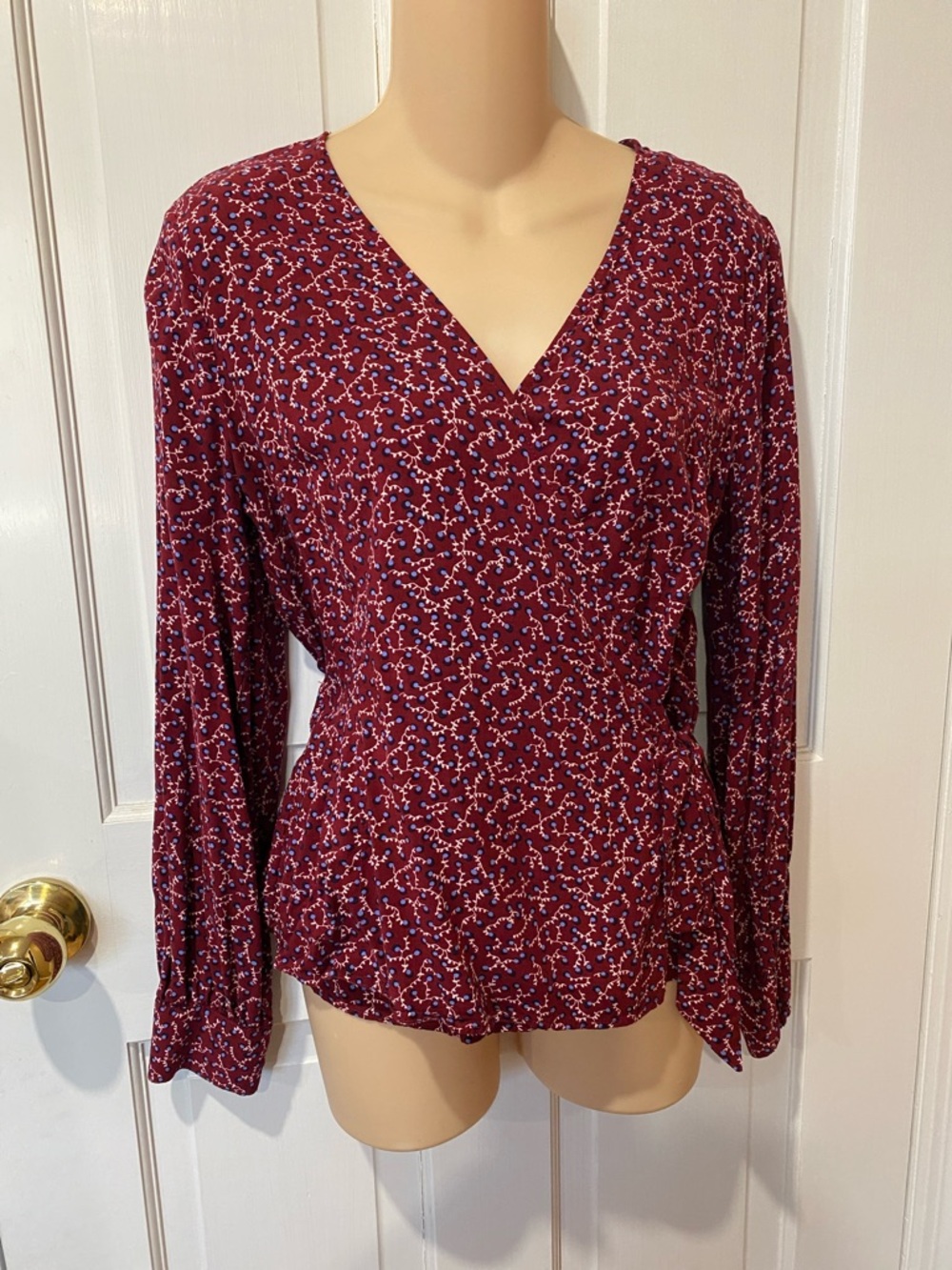 Women's Burgundy V-Neck Long Sleeve Wrap Top